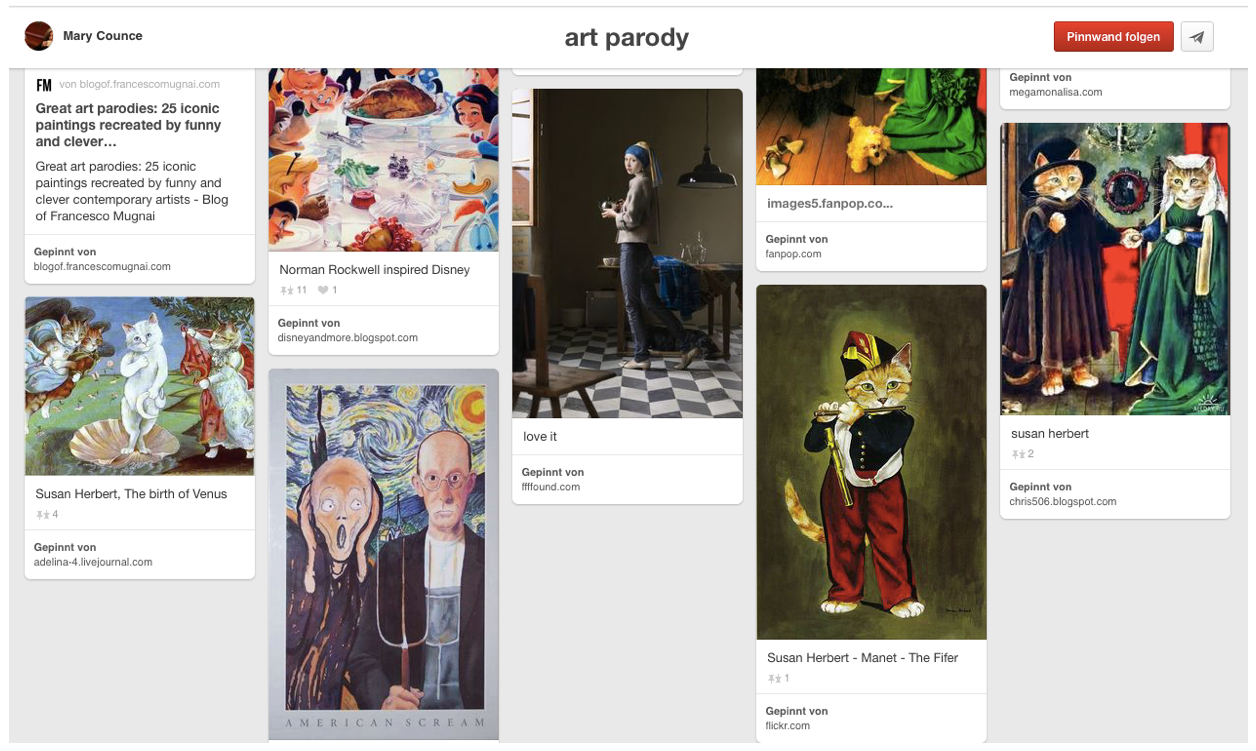 Screenshot der Bildersammlung ‚Art Parody’ auf Pinterest