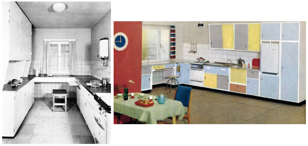 Abb. 4: Küche zu Anfang der 1950er Jahre, WKS Küche des Architekten Sep Ruf (links), Abb. 5: Küche in Pastellfarben, um 1955 (rechts)