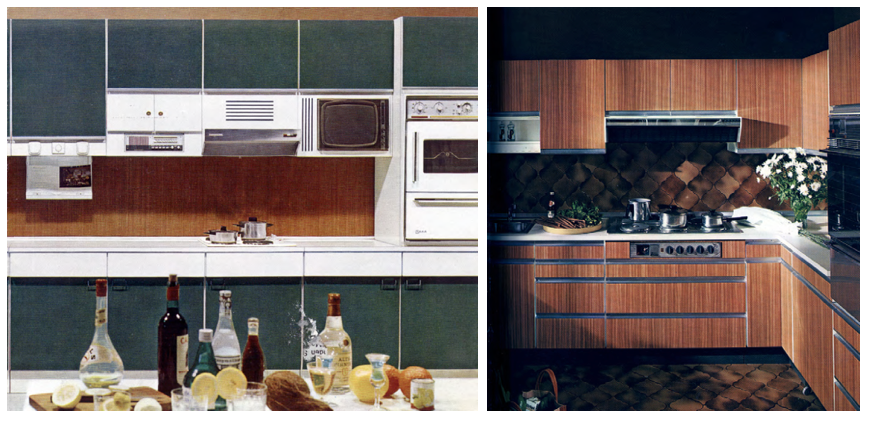 Abb. 6: Modell Majestic 500 der Firma Nieburg Küchen, 1966 (links), Abb. 6a: Küchenfront mit Kiefer-Dekor. (rechts)