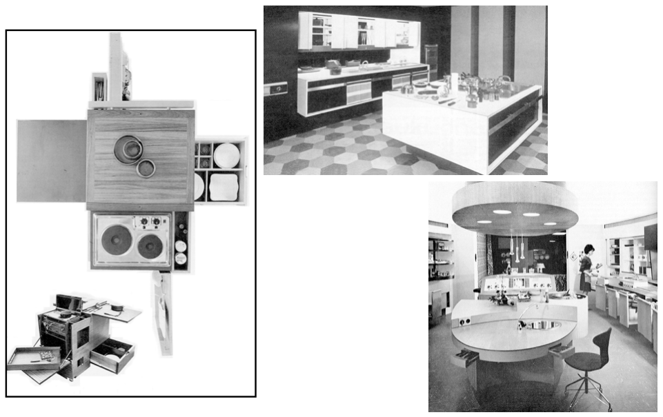 Abb. 8: Mobiler Küchenwagen Cucina minima, Joe Colombo, 1964 (links), Abb. 9: Englische Kücheninsel Masterplan, John Heritage, 1963 (mitte), Abb. 10: Novellipsenküche, Firma Novelectric, 1965 (rechts)