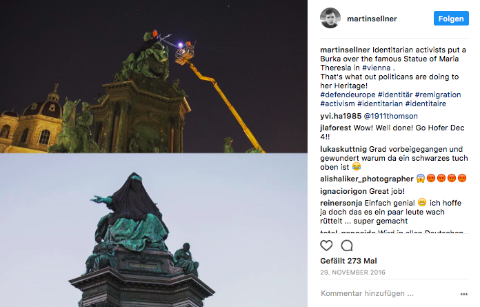 In der Nacht vom 28. zum 29. November 2016 verhüllten Identitäre in Wien ein Denkmal von Kaiserin Maria Theresia mit einer Burka