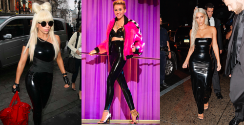 Lady Gage, Miley Cyrus und Kim Kardashian im Latex-Outfit