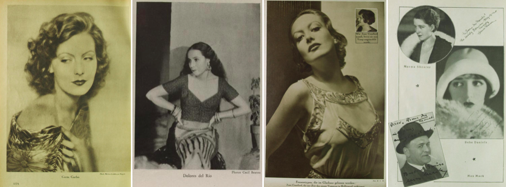 Von links nach rechts: Scherl’s Magazin 4 (1928), H.10, Oktober (Garbo); Der Querschnitt 11 (1931), H.1, Januar (del Rio); Uhu 9 (1932/33), H.7, April (Crawford); Revue des Monats 3 (1928/29), H.1, November (Shearer, oben links)