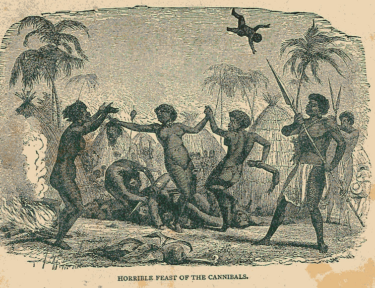 'Horrible Feast of the Cannibals', Illustration zu Stanley's Reisen in Afrika, 1848 von J. W. Bueb.